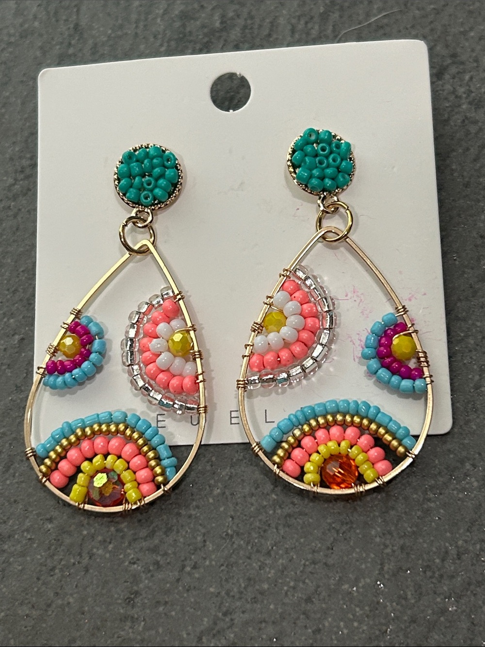 Colorful Beaded Teardrop Earrings - Turquoise, Pink & Yellow